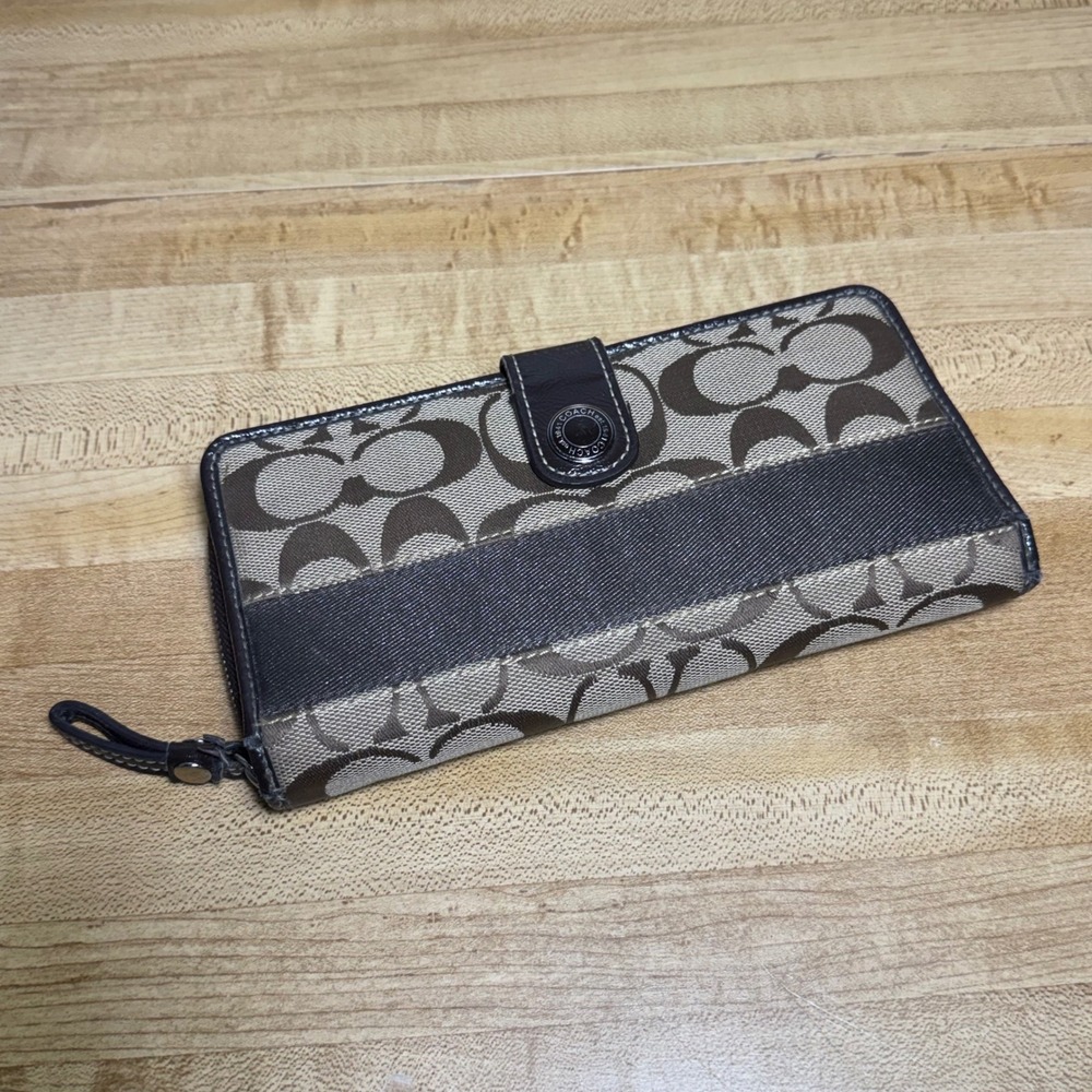 Coach Signature Monogram Canvas Slim Long Wallet Brown Jacquard Leather Trim